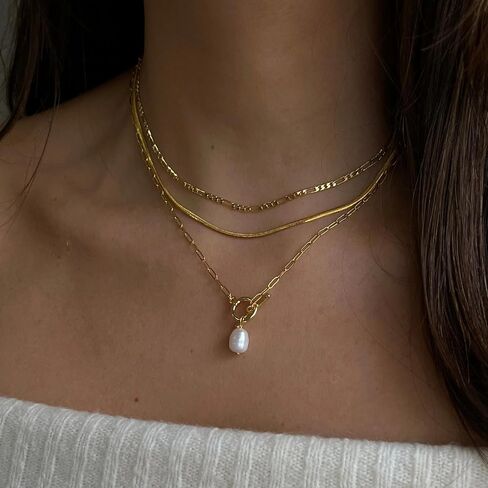 Layered Gold Necklaces for Women, Dainty 14K Gold Plated Cute Pearl Pendant Necklace Jewelry Set Stackable Toggle Chain Choker Collar, Trendy Waterproof Non Tarnish Jewelry Gift in Saudi Arabia