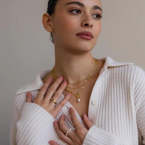 Layered Gold Necklaces for Women, Dainty 14K Gold Plated Cute Pearl Pendant Necklace Jewelry Set Stackable Toggle Chain Choker Collar, Trendy Waterproof Non Tarnish Jewelry Gift in Saudi Arabia