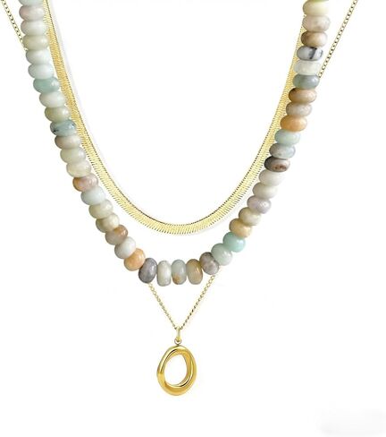 Gmai Layered Beaded Necklace for Women Colorful Trendy Snake Chain Circle Pendant Choker Gold Chain Adjustable Length Bohemian Rainbow Stackable Necklaces Jewelry Gift in Saudi Arabia