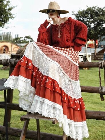 Y2k Retro College Style midi Skirt with Summer high Waist and Slimming Effect Patchwork lace Skirt in Saudi Arabia