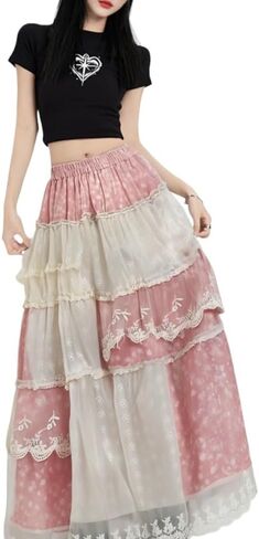 Y2k Retro College Style midi Skirt with Summer high Waist and Slimming Effect Patchwork lace Skirt in Saudi Arabia