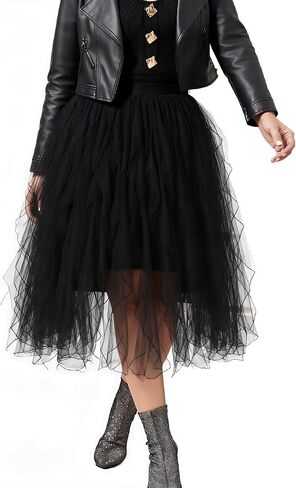 ChicVibes Plus Size Black Asymmetrical Tulle Midi Skirt for Curvy Women, A-Line Elastic Waist Tiered Ruffle Flowy Skirt in Saudi Arabia