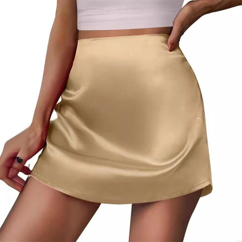 Women Satin Mini Skirt Zipper High Waist Solid Color Silk A Line Short Skirts in Kuwait