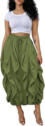 knowfashionstyle Cargo Skirts for Women Baggy Loose Fit Boho Bubble Maxi Skirt Drawstring Ruched Y2K Skirt with Pockets in Kuwait