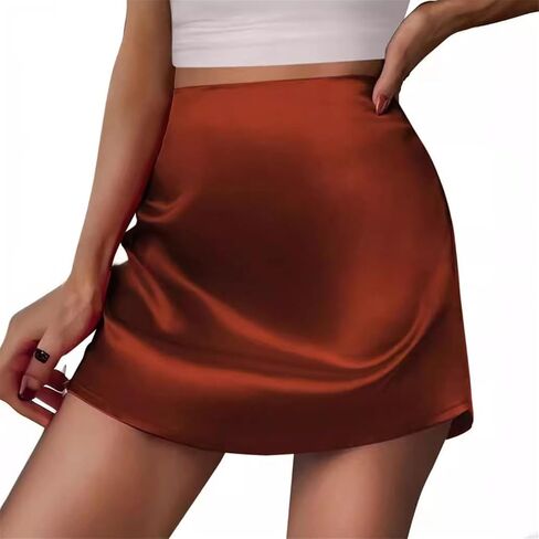 Women Satin Mini Skirt Zipper High Waist Solid Color Silk A Line Short Skirts in Kuwait
