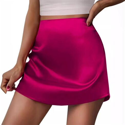 Women Satin Mini Skirt Zipper High Waist Solid Color Silk A Line Short Skirts in Kuwait
