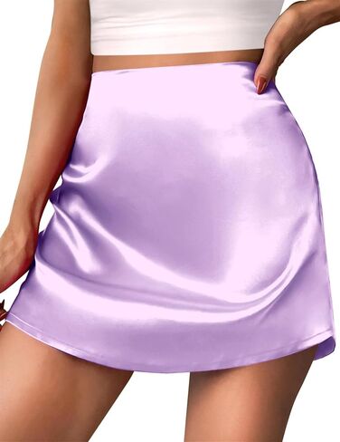Women Satin Mini Skirt Zipper High Waist Solid Color Silk A Line Short Skirts in Kuwait