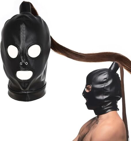 Black Leather Head Hood Mask with Long Hair Open Eyes Full Face Mask with Adjustable Laces Role Play Mask for Adults in Kuwait