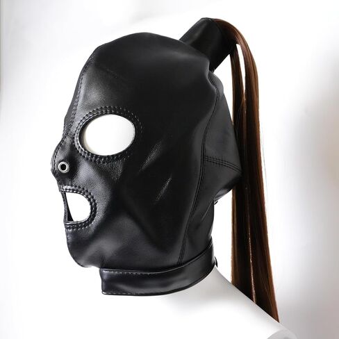 Black Leather Head Hood Mask with Long Hair Open Eyes Full Face Mask with Adjustable Laces Role Play Mask for Adults in Kuwait