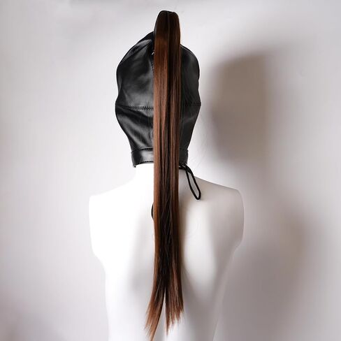 Black Leather Head Hood Mask with Long Hair Open Eyes Full Face Mask with Adjustable Laces Role Play Mask for Adults in Kuwait