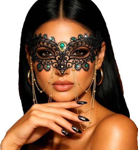 Ursumy Lace Masquerade Mask for Women Rhinestone Tassels Party Eye Masks Beaded Chain Ball Costume Face Accessories in Kuwait