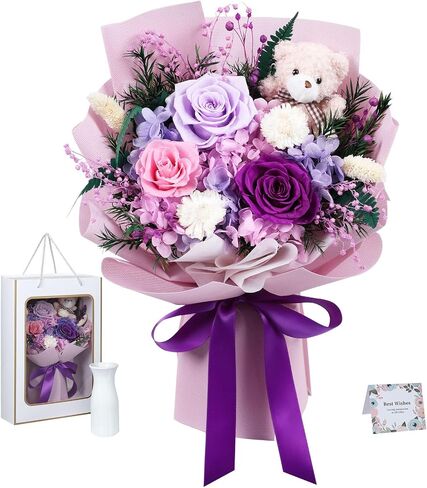 Preserved Flowers Bouquet with Bear, Handmade Mixed Roses Bouquet, Gift Box and Vase Included, Eternal Flowers for Delivery, Birthday Anniversary Mother's Day for Mom Girlfriend Wife in Kuwait
