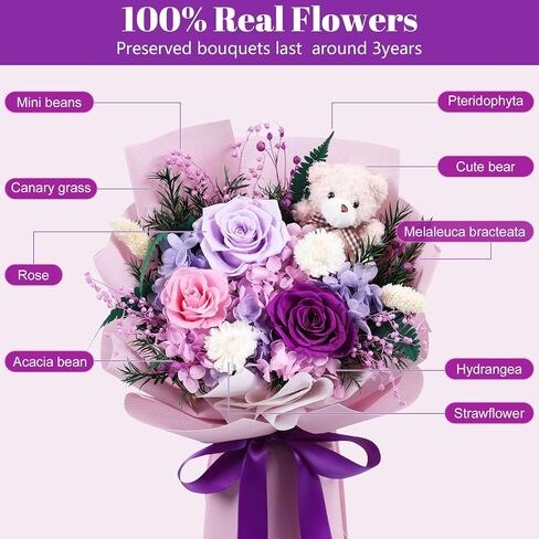 Preserved Flowers Bouquet with Bear, Handmade Mixed Roses Bouquet, Gift Box and Vase Included, Eternal Flowers for Delivery, Birthday Anniversary Mother's Day for Mom Girlfriend Wife in Kuwait