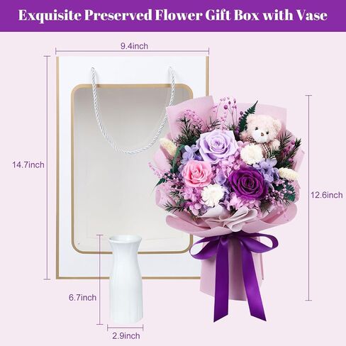 Preserved Flowers Bouquet with Bear, Handmade Mixed Roses Bouquet, Gift Box and Vase Included, Eternal Flowers for Delivery, Birthday Anniversary Mother's Day for Mom Girlfriend Wife in Kuwait