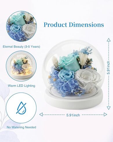 Forever Preserved Flowers Decoration in Clear Glass Dome, Long Lasting Flowers Gift for Her, Romantic Gift for Mother’s Day Valentine’s Day (Blue) in Saudi Arabia