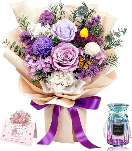 DWELLJOY Preserved Flowers Bouquet with Vase, Purple Forever Roses Long Lasting, Real Preserved Flower Arrangements, Birthday Gifts for Women, Mom Mother's Day, Prime Flower Delivery in Kuwait
