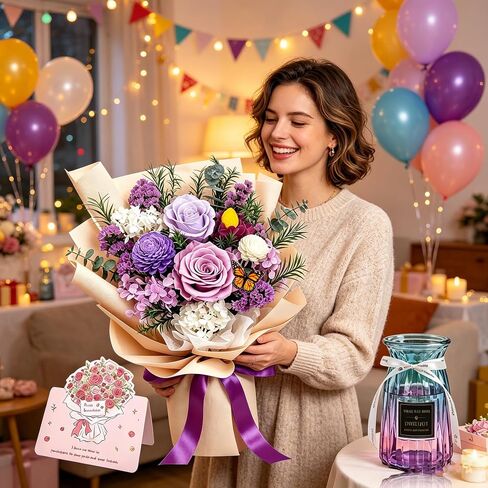 DWELLJOY Preserved Flowers Bouquet with Vase, Purple Forever Roses Long Lasting, Real Preserved Flower Arrangements, Birthday Gifts for Women, Mom Mother's Day, Prime Flower Delivery in Kuwait