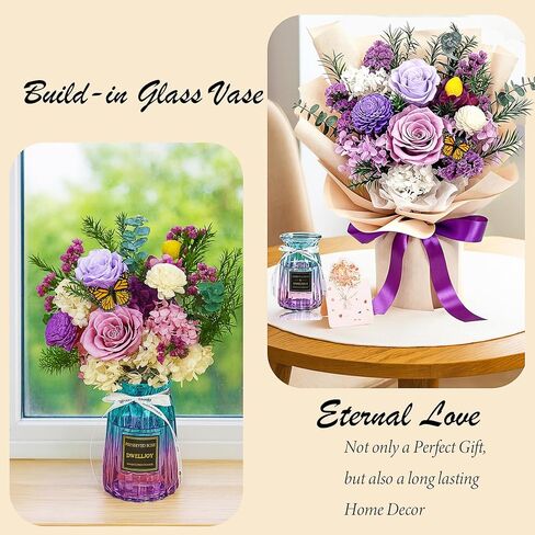 DWELLJOY Preserved Flowers Bouquet with Vase, Purple Forever Roses Long Lasting, Real Preserved Flower Arrangements, Birthday Gifts for Women, Mom Mother's Day, Prime Flower Delivery in Kuwait