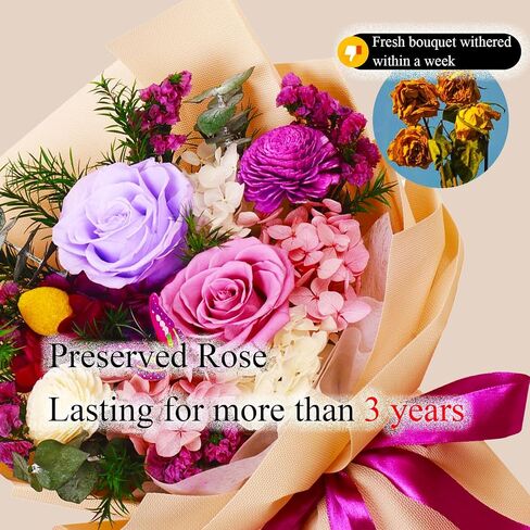 DWELLJOY Preserved Flowers Bouquet with Vase, Purple Forever Roses Long Lasting, Real Preserved Flower Arrangements, Birthday Gifts for Women, Mom Mother's Day, Prime Flower Delivery in Kuwait