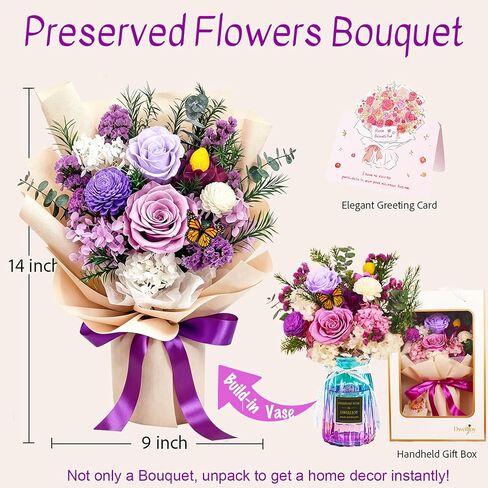 DWELLJOY Preserved Flowers Bouquet with Vase, Purple Forever Roses Long Lasting, Real Preserved Flower Arrangements, Birthday Gifts for Women, Mom Mother's Day, Prime Flower Delivery in Kuwait