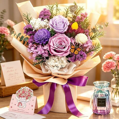 DWELLJOY Preserved Flowers Bouquet with Vase, Purple Forever Roses Long Lasting, Real Preserved Flower Arrangements, Birthday Gifts for Women, Mom Mother's Day, Prime Flower Delivery in Kuwait