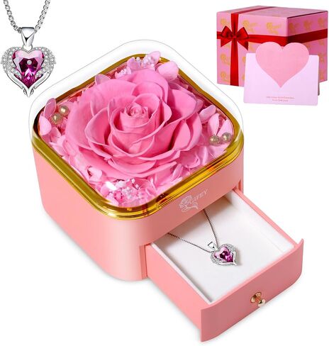 Preserved Real Rose with Necklace – Eternal Flowers Gift for Mom, Grandma, Wife or Girlfriend – Birthday, Mother’s Day, Valentine’s Day for Women (Pink) in Saudi Arabia