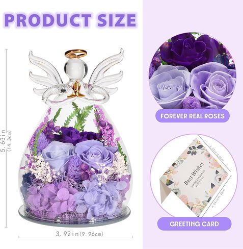 Purple Preserved Rose Angel Figurine in Glass Dome, Eternal Flower Birthday Anniversary Valentine Easter Gift for Women Mom Wife Grandma in Saudi Arabia