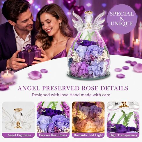 Purple Preserved Rose Angel Figurine in Glass Dome, Eternal Flower Birthday Anniversary Valentine Easter Gift for Women Mom Wife Grandma in Saudi Arabia
