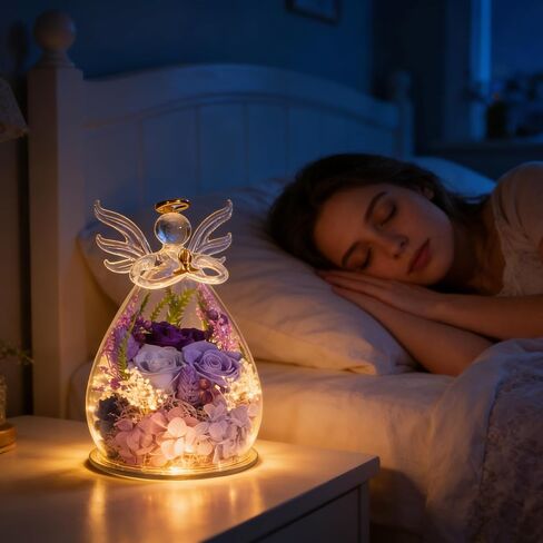 Purple Preserved Rose Angel Figurine in Glass Dome, Eternal Flower Birthday Anniversary Valentine Easter Gift for Women Mom Wife Grandma in Saudi Arabia