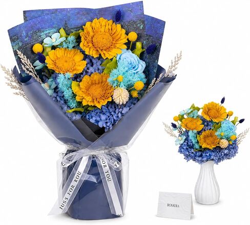Rosaura Blue Preserved Sunflower Bouquet with Vase - Graduation Gift for Her, Forever Flowers in White Gift Box with Greeting Card -Congrats Grad Present for Women (with vase) in Saudi Arabia