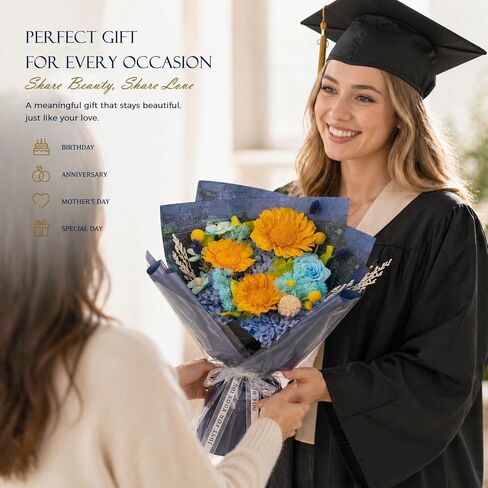 Rosaura Blue Preserved Sunflower Bouquet with Vase - Graduation Gift for Her, Forever Flowers in White Gift Box with Greeting Card -Congrats Grad Present for Women (with vase) in Saudi Arabia
