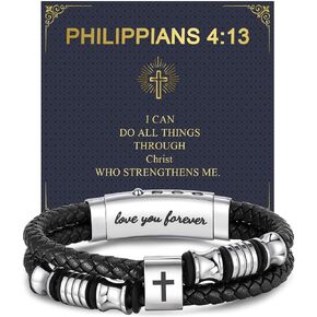 Men's Leather Cross Bracelet - Silver Double Row Braided Leather Cross Bracelet for Men with Inspirational Bible Verse Card, Faith Christian Religious Gift for Husband Son on Baptism Easter Birthday in Saudi Arabia