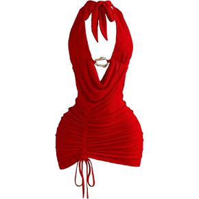 SHENHE Women's Sexy Deep V Neck Halter Mini Dress Backless Metal Ring Bodycon Party Club Dress in Saudi Arabia