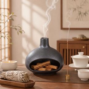 Palo Santo Holder, Mini Ceramic Chiminea Incense Burner for Sage, Cones and Sticks, Small Zen Decor Tabletop Ash Catcher for Yoga and Meditation Room (Black) in Saudi Arabia