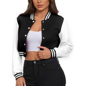 Women's Casual Baseball Jacket Colorblock Button Crop Bomber Jacket Classic and Versatile Style in Kuwait