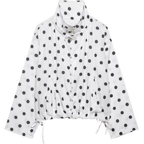Bozanly Women's Stand Collar Polka Dot Jacket Trendy Long Sleeve Bow Hem Button Down Oversized Shirts Outerwear in Saudi Arabia