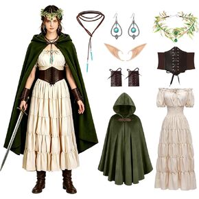 Akokvlar 8Pcs Medieval Renaissance Costume Vintage Elf Dress for Women with Accessories in Kuwait