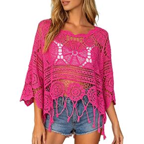 Womens Crochet Tops Summer Boho 3/4 Sleeve Crewneck Lightweight Hollow Out Knit Top Summer Beach Swimsuit Coverup in Saudi Arabia