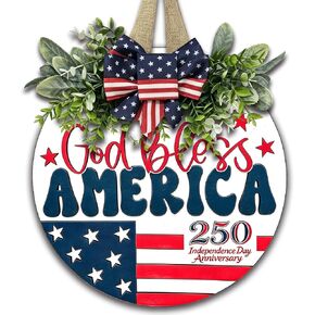4th of July Wreath Patriotic Wreaths for Front Door, 250 Anniversary Independence Wreath Memorial Day Decorations Wooden Welcome 4th of July Wreaths for Front Door Home Decor (God Bless America) in Saudi Arabia