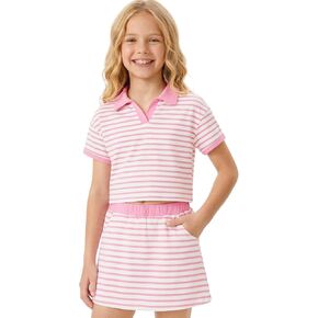 Girls 2 Piece Outfit Striped Short Sleeve Shirt & Skirt with Shorts Set Lightweight Casual Tennis Summer Clothes in Saudi Arabia