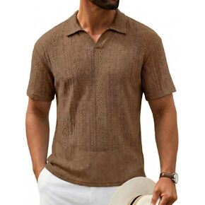 Mens Casual V Neck Polo Shirt Summer Short Sleeve Hollow Out Textured Shirt Classic Collared Beach Vacation Top in Kuwait