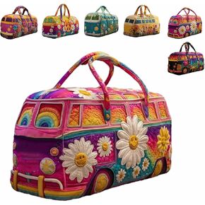 Hippie Van Quilted Duffle Bag, Boho Travel Weekender Bag with Strap, Retro Style for Everyday Travel in Saudi Arabia
