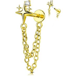OUFER 16G مسمار غضروف مسطح من الخلف فضي/ذهبي بدون خيط مع سلسلة مزدوجة متدلية، حلزون مكعب زركونيا نجمي/محارة/تراجوس لابريت، ذهبي PVD على 316L من الفولاذ المقاوم للصدأ خالٍ من النيكل، عمود 6 مم in Kuwait