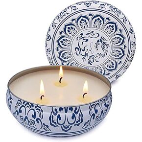 Citronella Candle Outdoor Large 3 Wick 13.5oz Soy Wax Candle with Lid in Blue and White Container for Patio Porch, 75 Hour Burn in Saudi Arabia