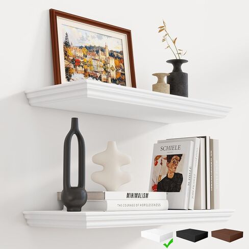 Fun Memories Floating Shelves 24 Inch Long, 9.3 Inch Deep Classic Crown Molding Floating Shelves for Wall, Rustic Wooden Shelves for Wall Decor Bathroom, Kitchen, Office, (White, 2Pack) in Kuwait