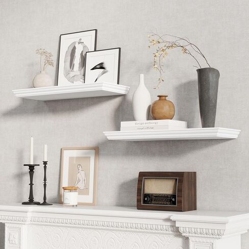 Fun Memories Floating Shelves 24 Inch Long, 9.3 Inch Deep Classic Crown Molding Floating Shelves for Wall, Rustic Wooden Shelves for Wall Decor Bathroom, Kitchen, Office, (White, 2Pack) in Kuwait