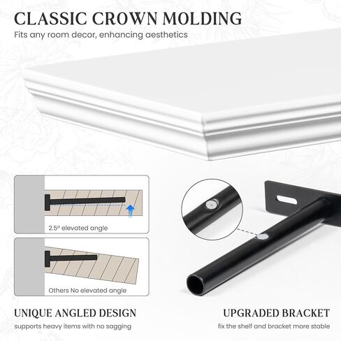 Fun Memories Floating Shelves 24 Inch Long, 9.3 Inch Deep Classic Crown Molding Floating Shelves for Wall, Rustic Wooden Shelves for Wall Decor Bathroom, Kitchen, Office, (White, 2Pack) in Kuwait