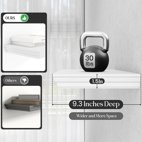 Fun Memories Floating Shelves 24 Inch Long, 9.3 Inch Deep Classic Crown Molding Floating Shelves for Wall, Rustic Wooden Shelves for Wall Decor Bathroom, Kitchen, Office, (White, 2Pack) in Kuwait