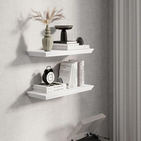 Fun Memories Floating Shelves 24 Inch Long, 9.3 Inch Deep Classic Crown Molding Floating Shelves for Wall, Rustic Wooden Shelves for Wall Decor Bathroom, Kitchen, Office, (White, 2Pack) in Kuwait