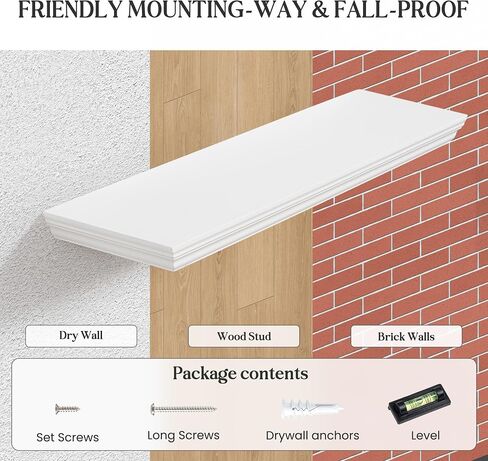 Fun Memories Floating Shelves 24 Inch Long, 9.3 Inch Deep Classic Crown Molding Floating Shelves for Wall, Rustic Wooden Shelves for Wall Decor Bathroom, Kitchen, Office, (White, 2Pack) in Kuwait